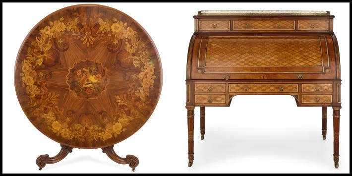 Floral marquetry designs on a Victorian centre table. Right: Diamond, or lozenge, pattern on a Victorian roll-top desk.