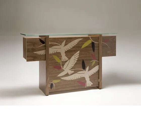 “Bird” Sideboard by Toby Winteringham and his daughter Grace Winteringham; This marquetry design of birds, feathers and leaves is laser cut.